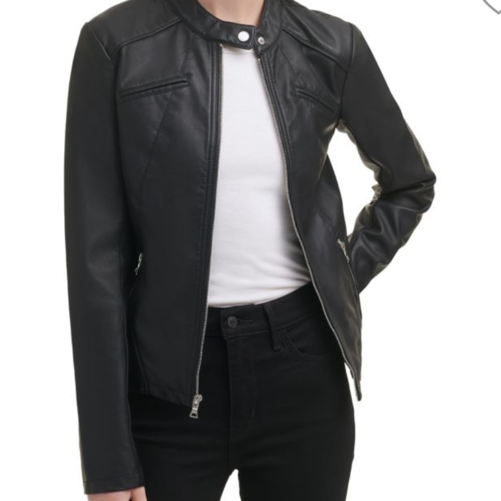 Guess Band Collar Faux Black Leather Jacket... Size Medium
